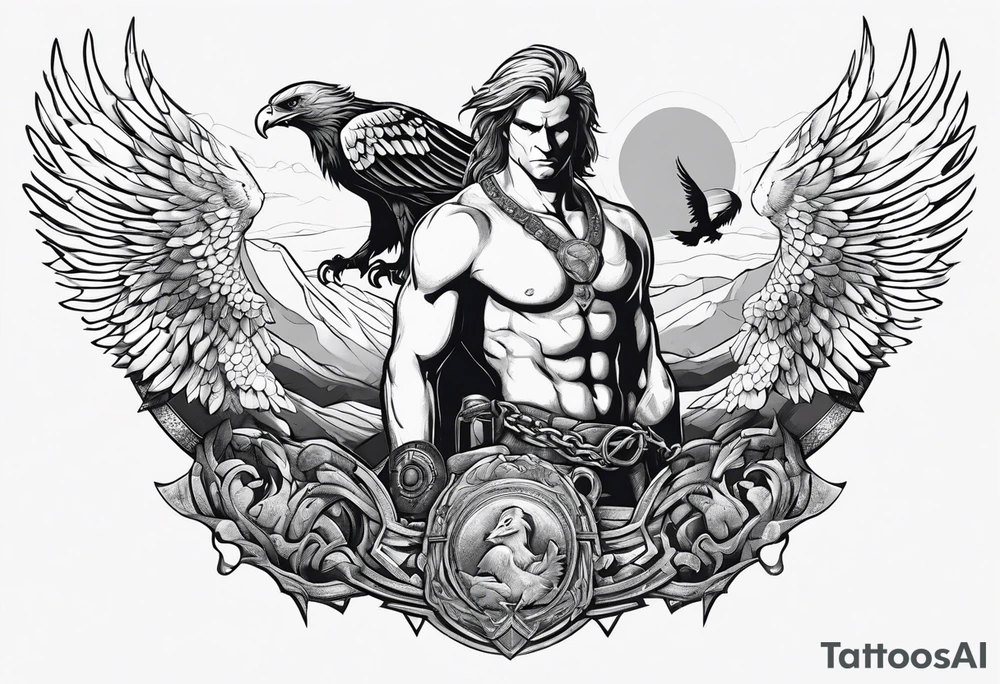 Prometheus laiing at a Rock chained and a Eagle who eats His liver tattoo idea