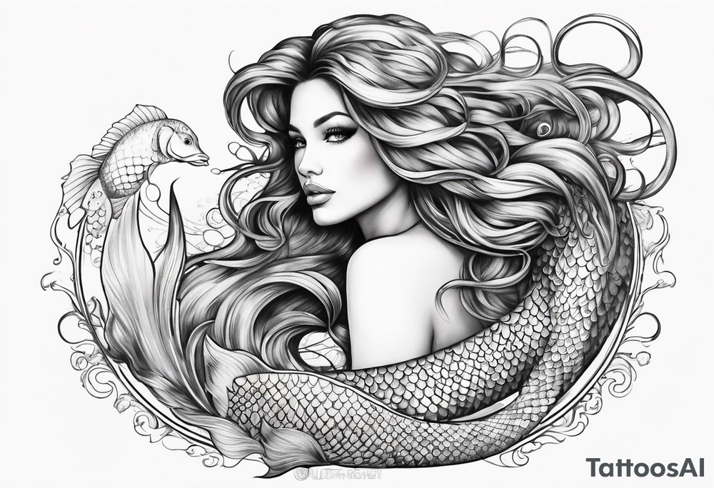 sexy goddess mermaid with flowing hair and long flowing tail with scales and tattoos combine the favorites tattoo idea