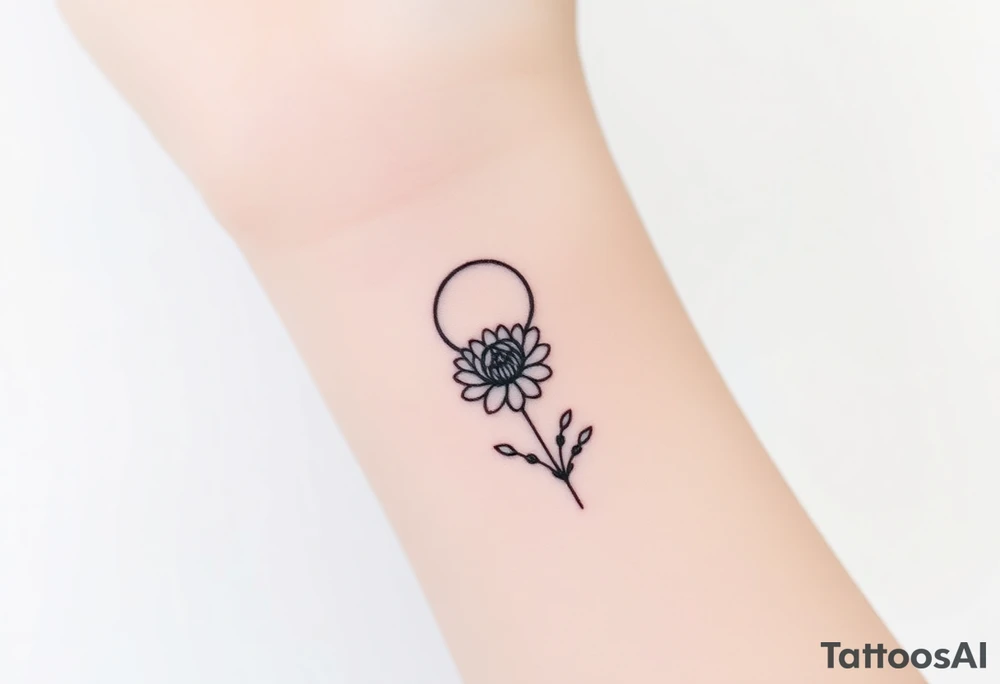 Small black ink minimalist tattoo with full moon, small chrysanthemum and tiny scorpio gliph tattoo idea