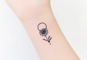 Small black ink minimalist tattoo with full moon, small chrysanthemum and tiny scorpio gliph tattoo idea