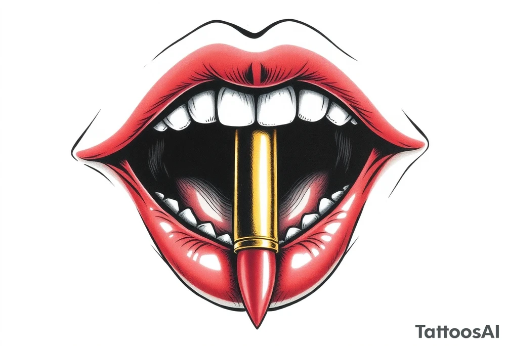 A set of lips snarling with 50cal round between teeth tattoo idea