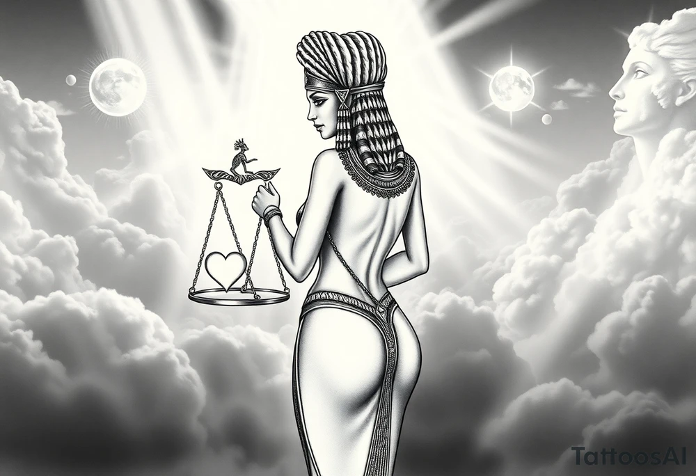 A sensual, curvaceous Egyptian goddess stands with her back slightly turned, accentuating her figure. She wears an elaborate ostrich feather headdress and ornate, intricate ancient Egyptian jewelry draped across her body. Her expression is mysterious and confident. In one hand, she holds the Scales of Justice: one side holds a radiant, glowing heart; the other, Ma’at’s feather. The scales themselves shimmer with an otherworldly light.
The background is a surreal, heavenly landscape filled with luminous clouds and beams of divine light piercing through, creating dramatic contrasts of deep shadows and highlights. The entire scene is bathed in an ethereal, mystical glow, with a dreamlike, almost supernatural atmosphere. tattoo idea