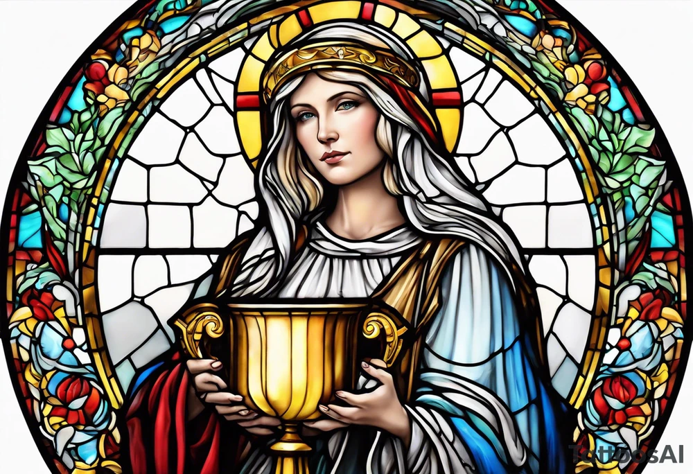 holy saint woman with halo stained glass holding a chalice with artillery tattoo idea
