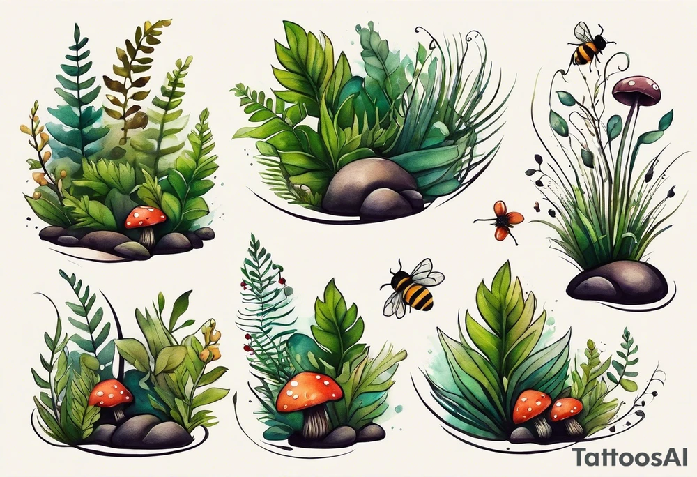 forest floor inspired minimalist tattoo, which includes grass, curly ferns, moss and dead leaves as the bulk of the tattoo. details to include: forest berries, a tiny bumblebee flying nearby, three small brown mushrooms
Generate a vertically long one tattoo idea