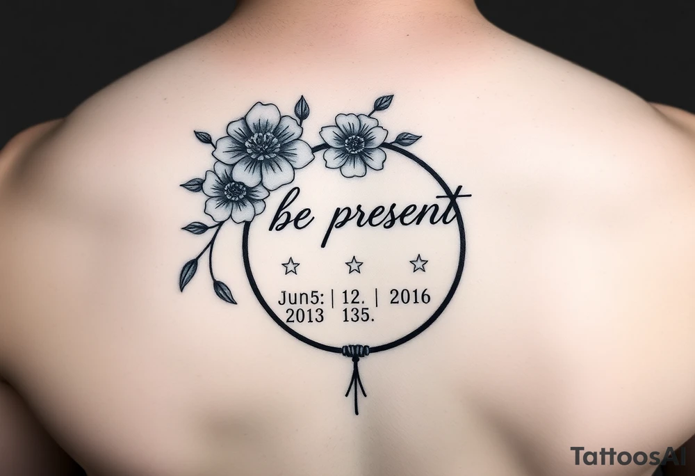 Enso ring with flowers and a stem with writing in cursive that says be present. Incorporate the dates June 2, 2013, March 2, 2016, and January 20, 2021. Also include three stars.


Make the Enso ring prominent tattoo idea