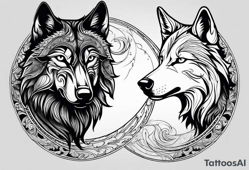 black wolf and white wolf in a ying yang style tattoo idea