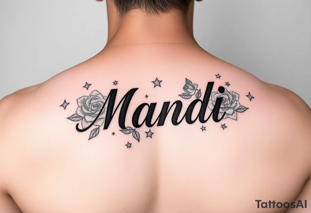 Name Mandi with roses and stars tattoo idea