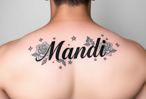 Name Mandi with roses and stars tattoo idea