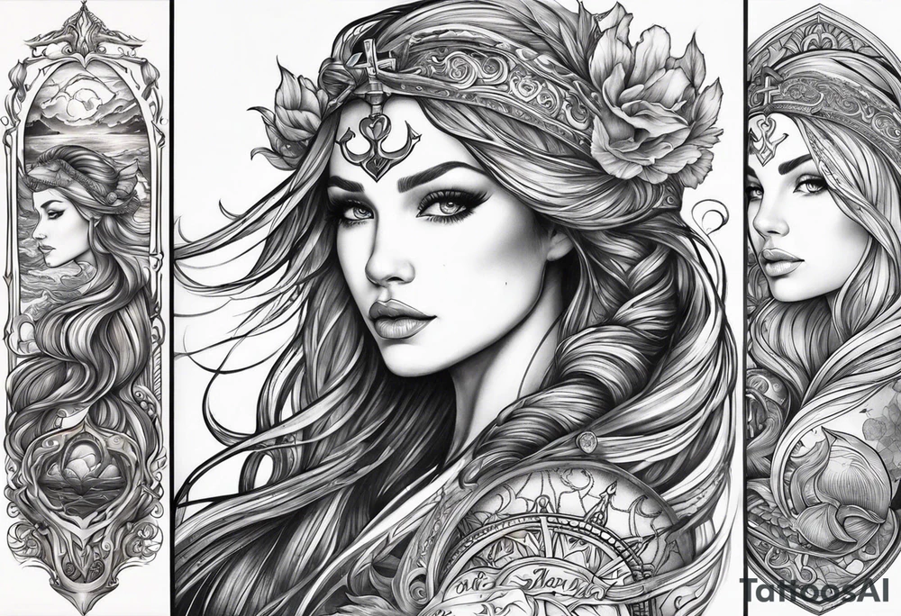 "I want to get a full sleeve tattoo with a sea theme. It should include a half-naked Viking woman, an anchor, a heart, a cross, and a half-naked mermaid. tattoo idea
