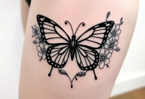 beautiful butterfly with flowers and lines around it also having the names Raiden, Shanleigh, and Waylon in it and the artwork being line work tattoo idea