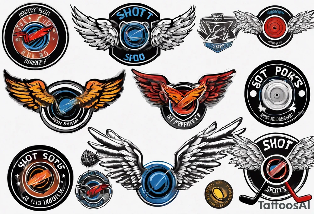 hockey puck with wings that says "SHOT SPORTS" tattoo idea
