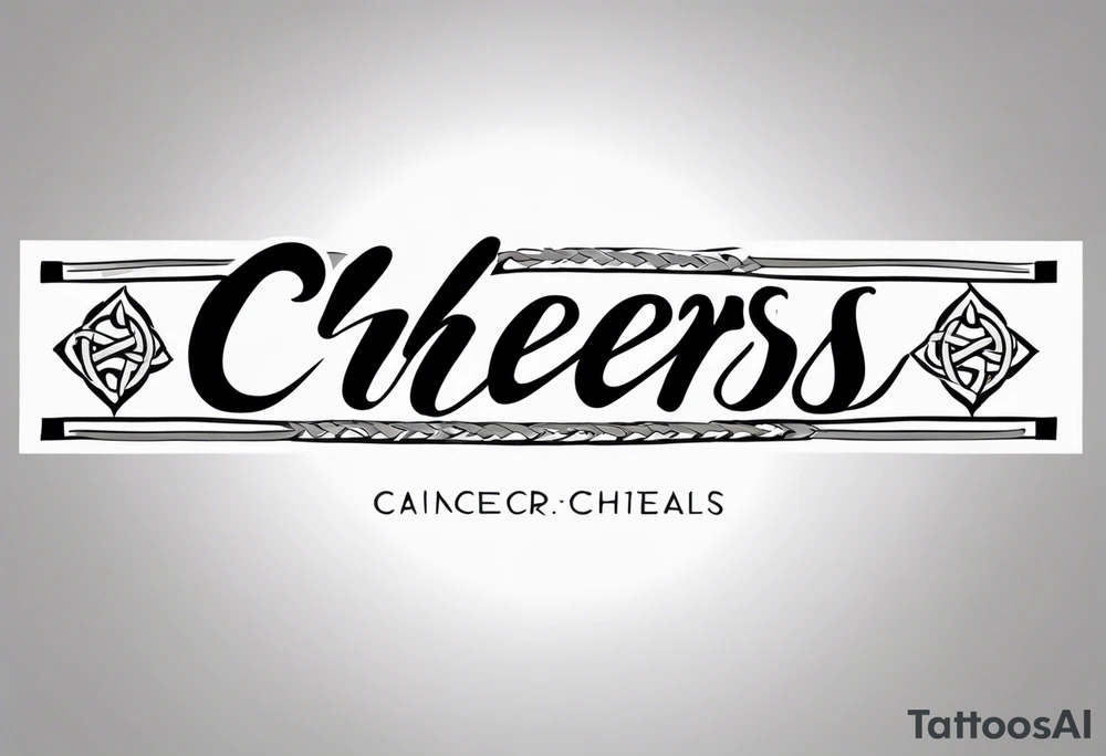 "Cheers Mate" text black and grey ink armband +Celtic +grey Cancer Ribbon +tribal +artistic tattoo idea