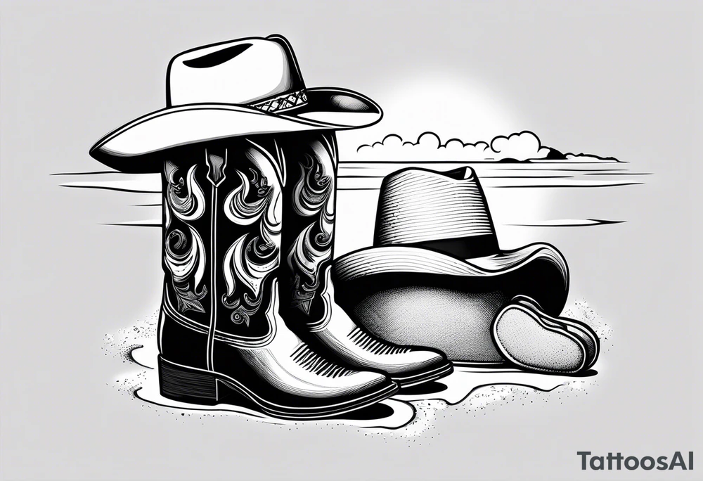 A pair of mens boots, a pair of flip flops and a cowboyhat on the Beach. Keep it simple tattoo idea