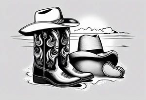 A pair of mens boots, a pair of flip flops and a cowboyhat on the Beach. Keep it simple tattoo idea