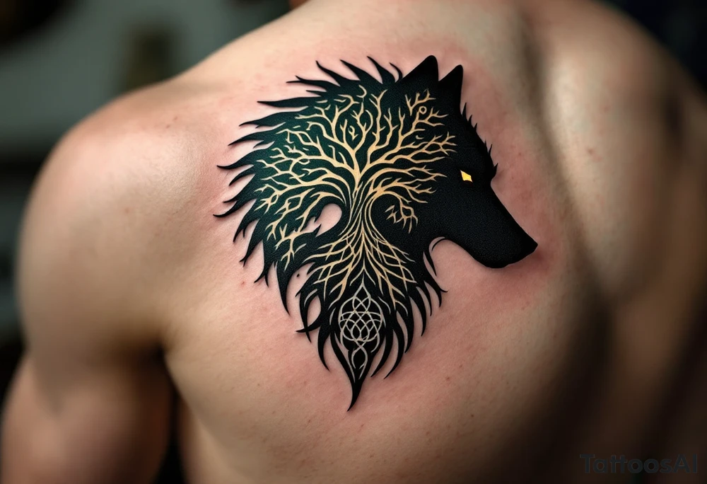Wolf with Celtic Tree of Life – The silhouette of a black wolf filled with green-and-gold Tree of Life patterns and root knotwork. tattoo idea