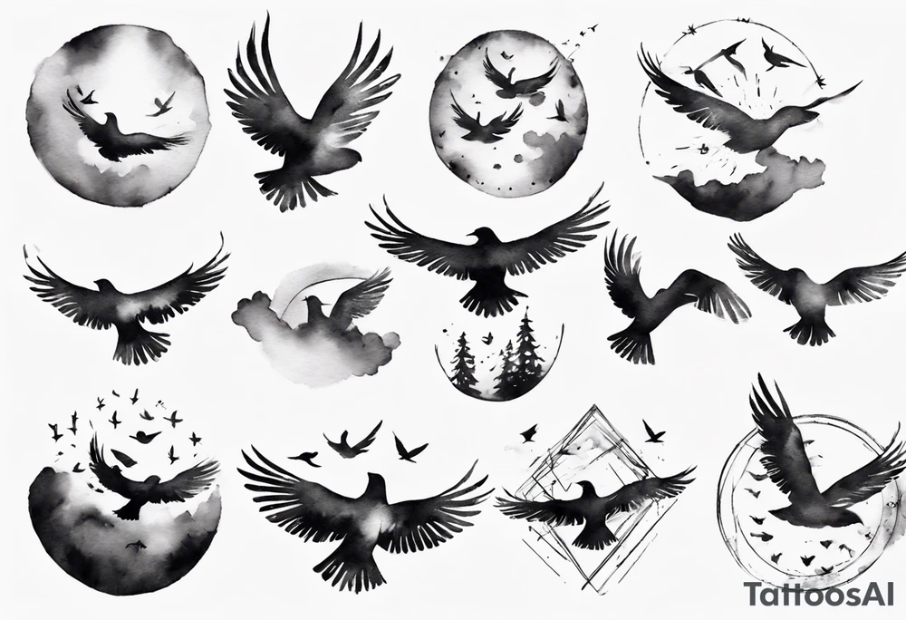 shoulder tattoo with light rays with birds flying free among the clouds, round shape, 3d effect tattoo idea