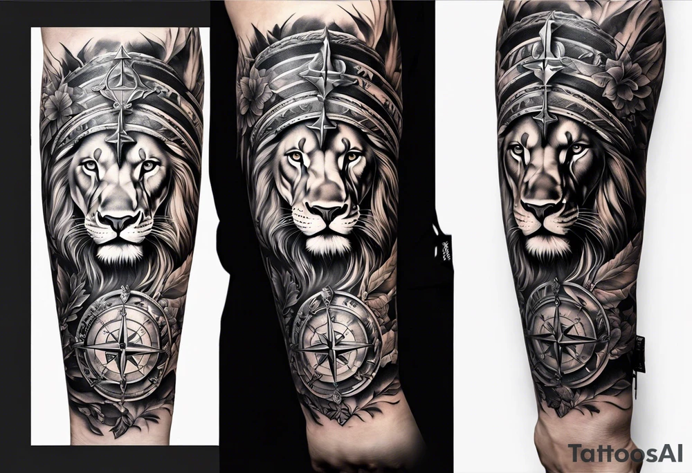Arm sleeve with ribbon, compass, cross and lion tattoo idea Arm sleeve with ribbon, compass, cross and lion tattoo idea