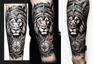 Arm sleeve with ribbon, compass, cross and lion tattoo idea