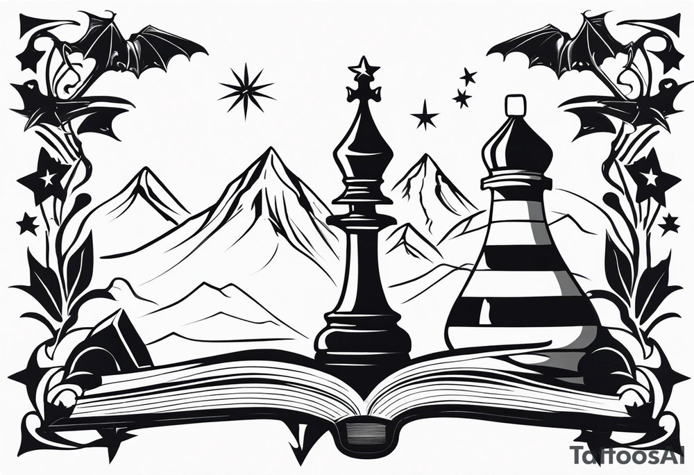 an open fantasy book. a flying dragon with scales and four legs. A pawn chess piece. a sword. Three stars with three mountain peaks tattoo idea