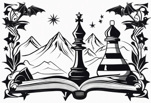 an open fantasy book. a flying dragon with scales and four legs. A pawn chess piece. a sword. Three stars with three mountain peaks tattoo idea