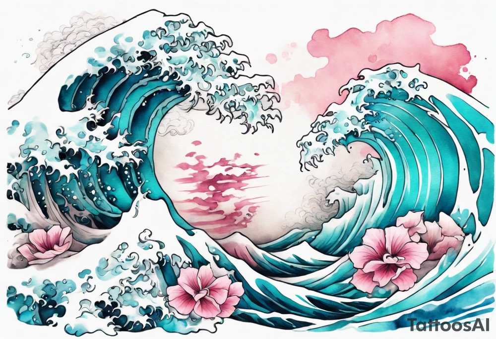 a beautiful turquoise pink and white sea  Aido-Hwedo rising from the waves of the ocean tattoo idea