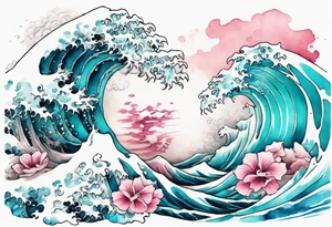 a beautiful turquoise pink and white sea  Aido-Hwedo rising from the waves of the ocean tattoo idea
