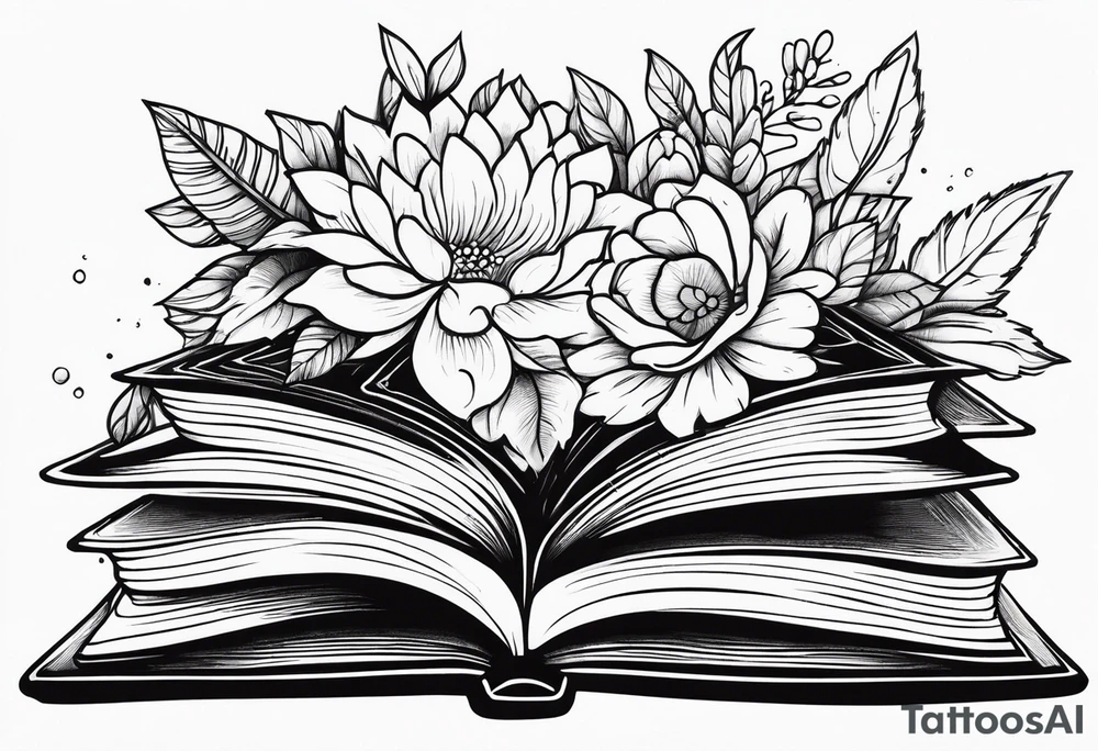Books and flowers fantasy tattoo idea