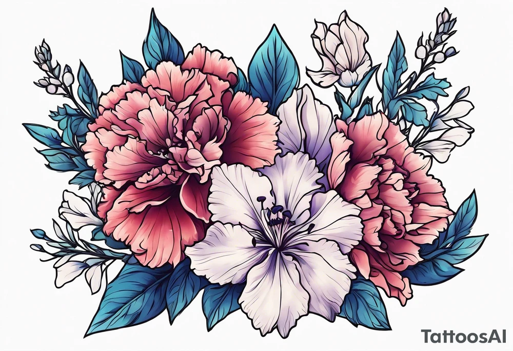 Larkspur flowers and carnation flowers in all color tattoo idea