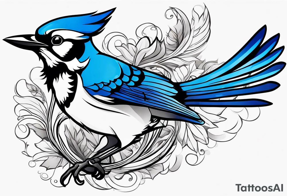 Strong blue jay bird in flight downward tattoo idea