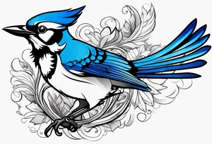 Strong blue jay bird in flight downward tattoo idea