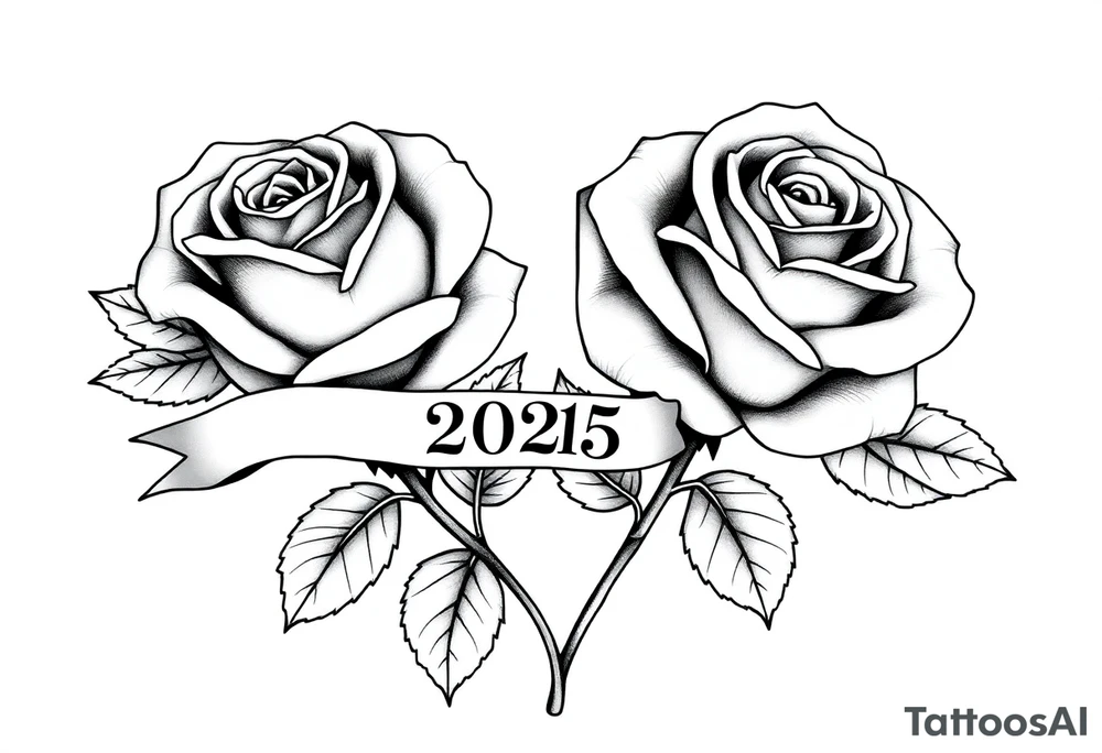 two beautiful large rose buds, one larger than the other, with many leaves next to the rose buds, with one sitting higher than the other. Include a banner connecting the two roses with the year "2025" on it.   Use dark outlines with little shading. The two stems should be short, not long, and connect and join into one stem, whimsically curved or twisted - not straight down. tattoo idea