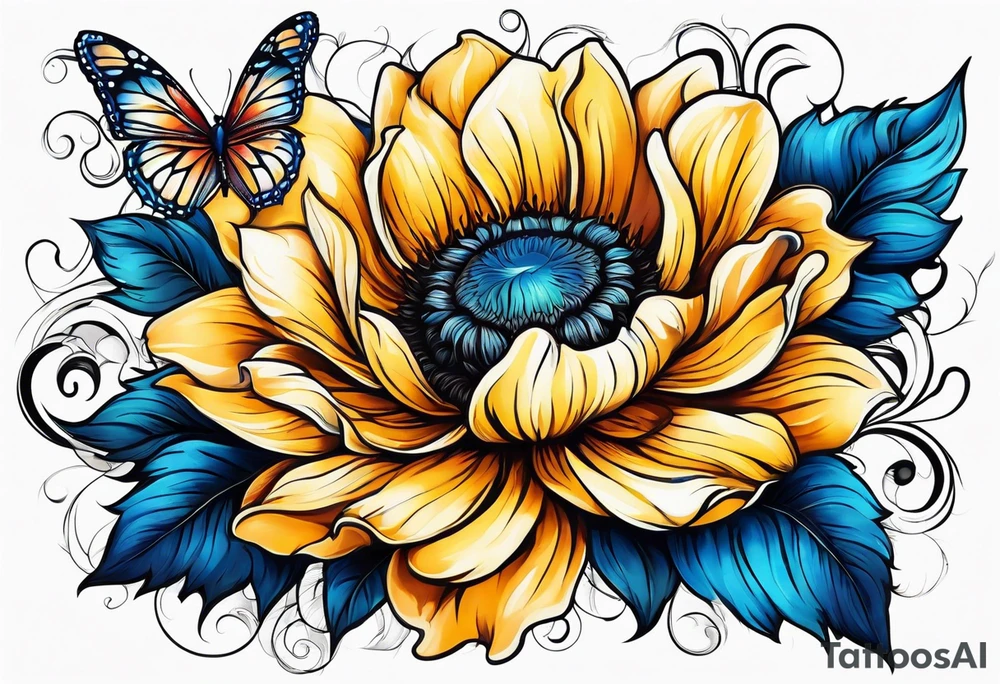 animal flower rose and blue, sunflower, tattoo idea