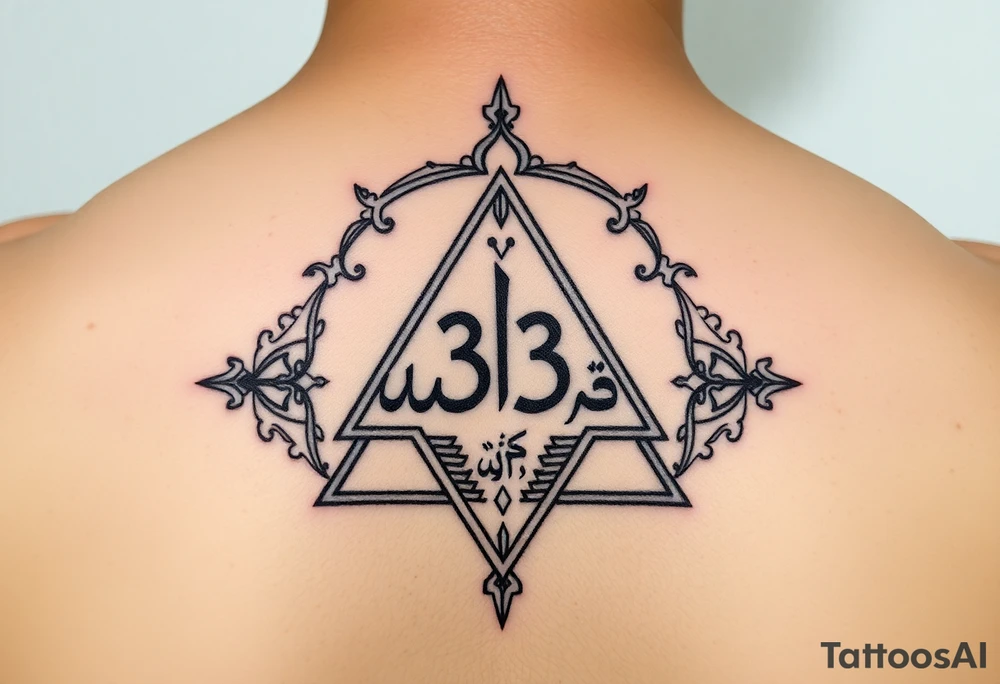 333 in a triangle with indigo in Arabic in the middle tattoo idea