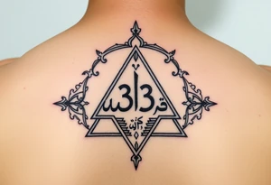333 in a triangle with indigo in Arabic in the middle tattoo idea
