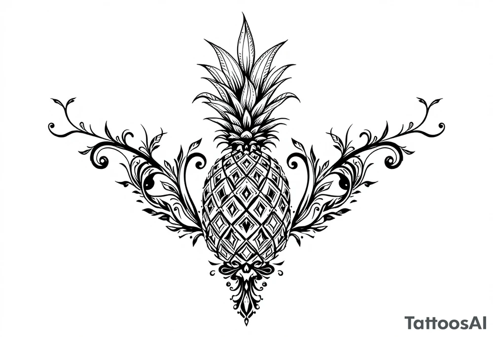 Design around a vagina and anus area using a pineapple with diamonds and magestic, crown, vagina, anus, pubic tattoo idea