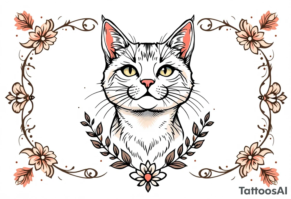 Neo traditional cat just the head and neck in an art nouveau ornamental frame tattoo idea