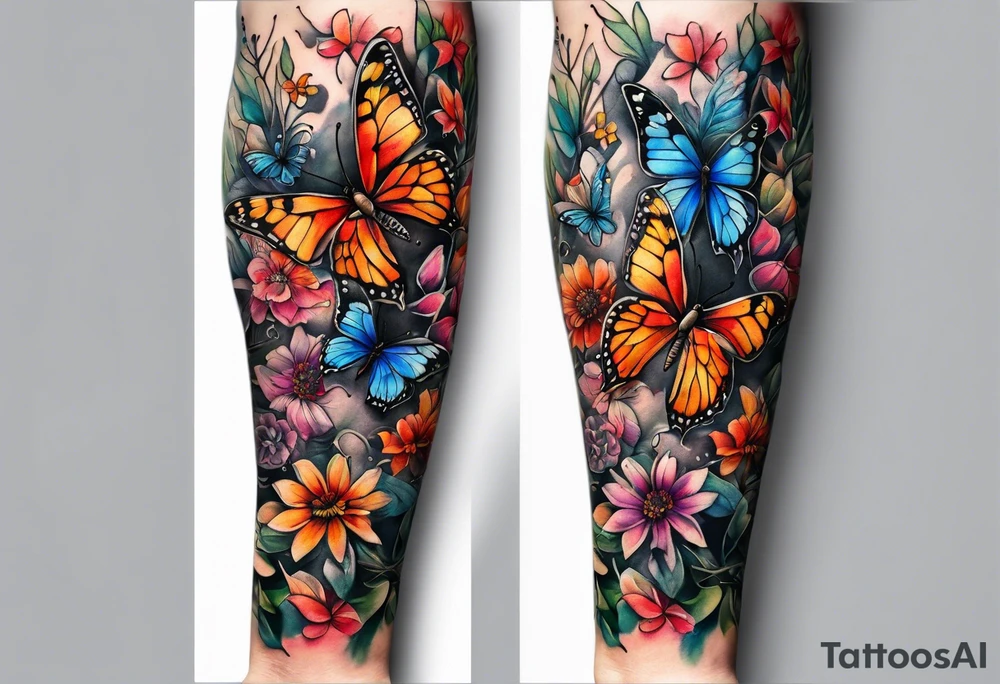 An arm sleeve, full of butterflies and random wildflowers tattoo idea