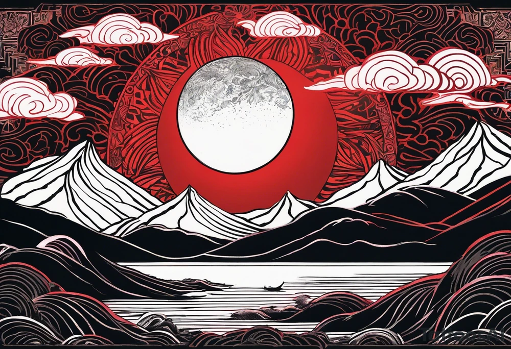 black solar eclipse with red light shining behind it, dark fantasy landscape tattoo idea