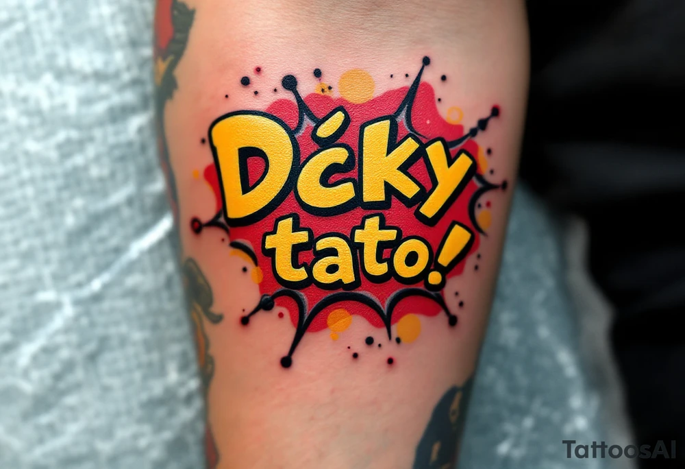 A comic-book style “Díky tato!” bubble in red and yellow with “Díky tati!” inside. tattoo idea