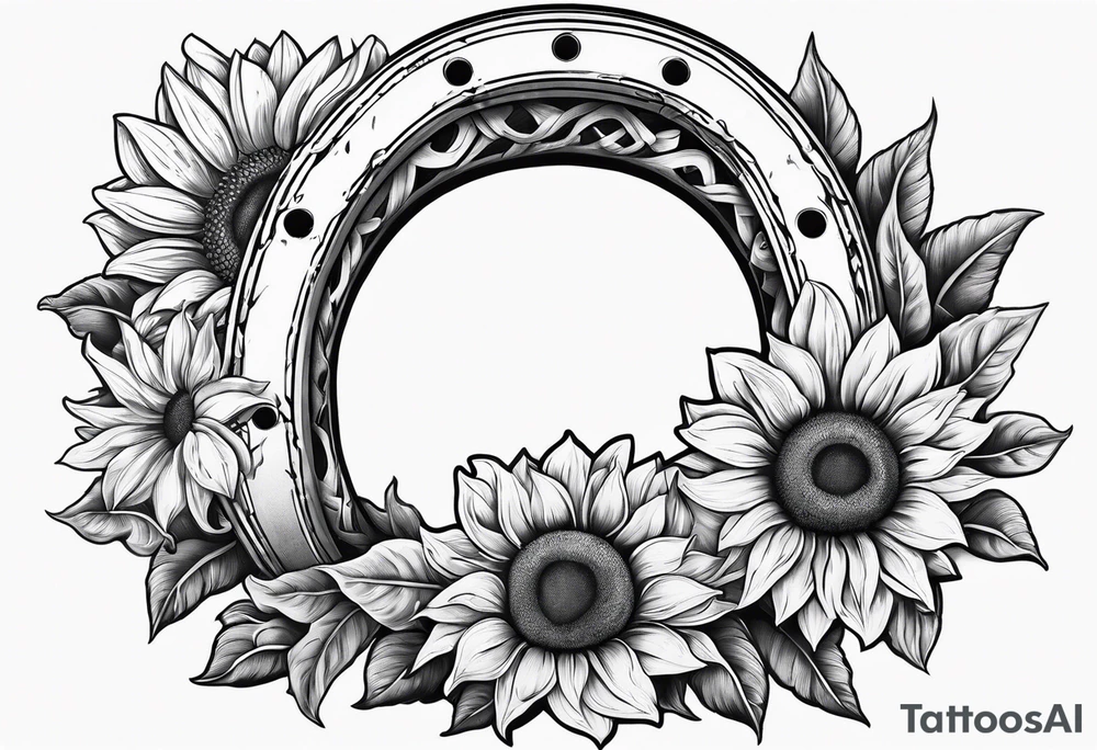 Realistic Horseshoe around a sunflower tattoo idea