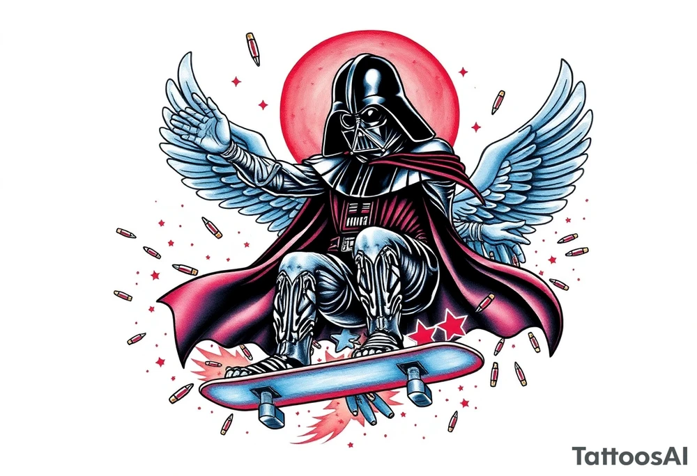MEMORY TATTOO
Darth Vader skateboarding heaven, outdoors, bullets, star wars>blue and red 
"Darth Carter"
12/29/88-01/06/24 tattoo idea