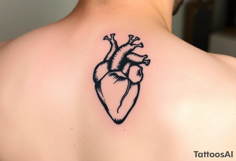 woodcut realistic heart tattoo on back of tricep tattoo idea