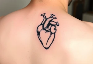woodcut realistic heart tattoo on back of tricep tattoo idea