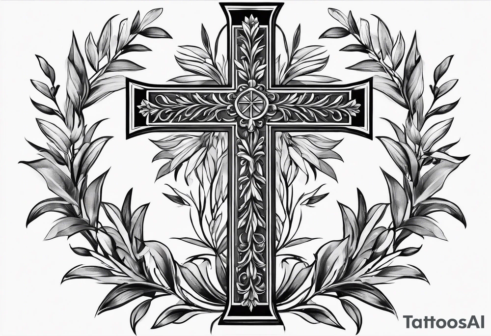 Christian cross with olive branches around it tattoo idea Christian cross with olive branches around it tattoo idea