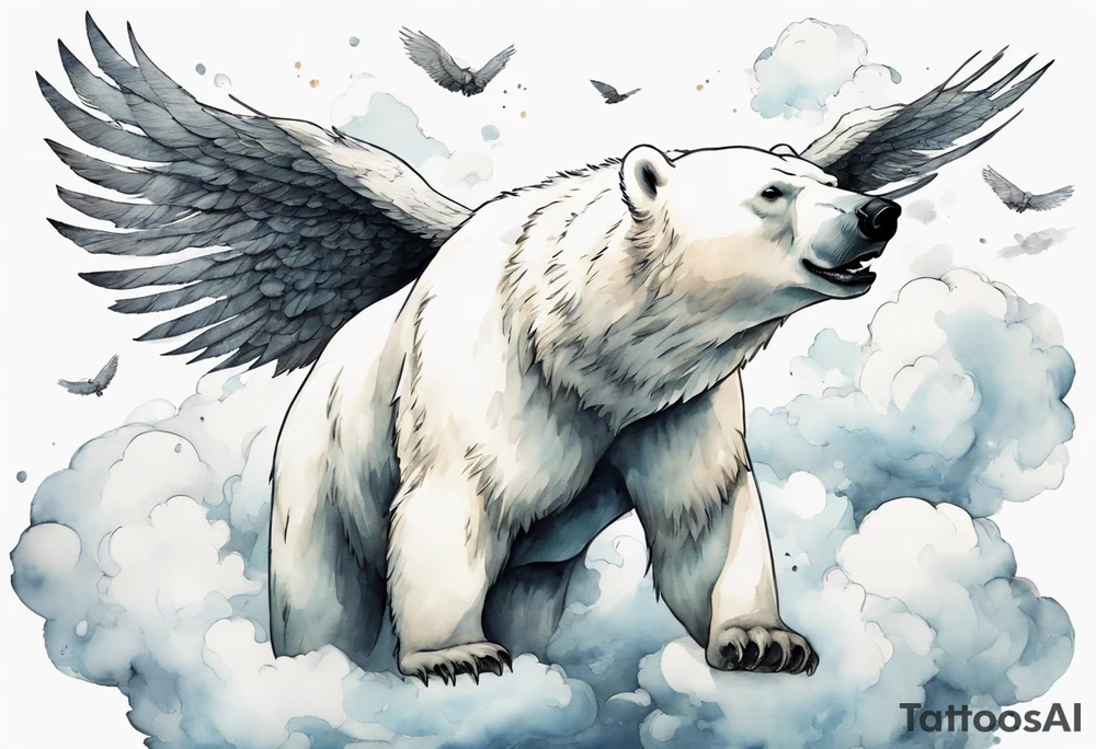 a polar bear with wings, standing on clouds, blowing air from mouth tattoo idea
