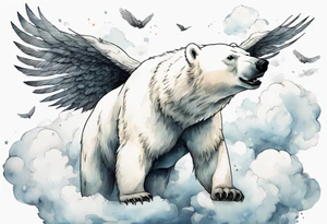 a polar bear with wings, standing on clouds, blowing air from mouth tattoo idea