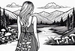 Straight long blonde hair girl standing in right corner in distance holding mushrooms in hand facing away toward mountains and creek surrounded by mushrooms black and white striped dress tattoo idea