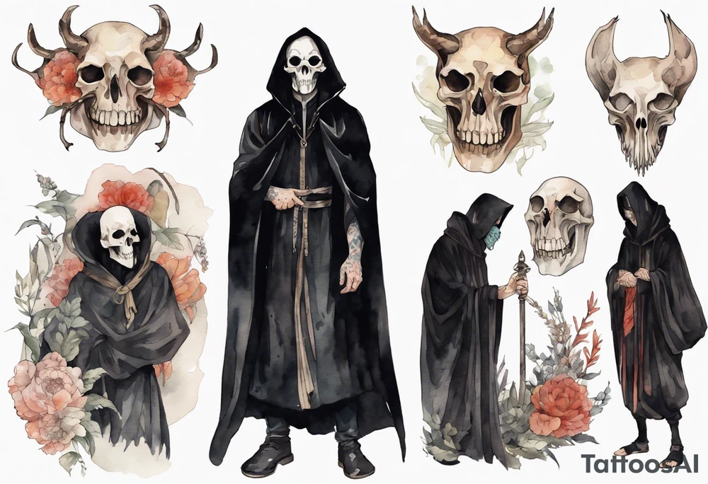 a thin medieval man in a black cloak wearing an animal skull mask tattoo idea