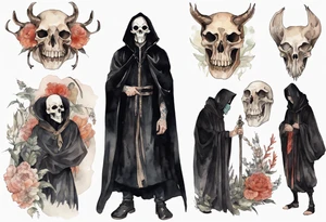 a thin medieval man in a black cloak wearing an animal skull mask tattoo idea
