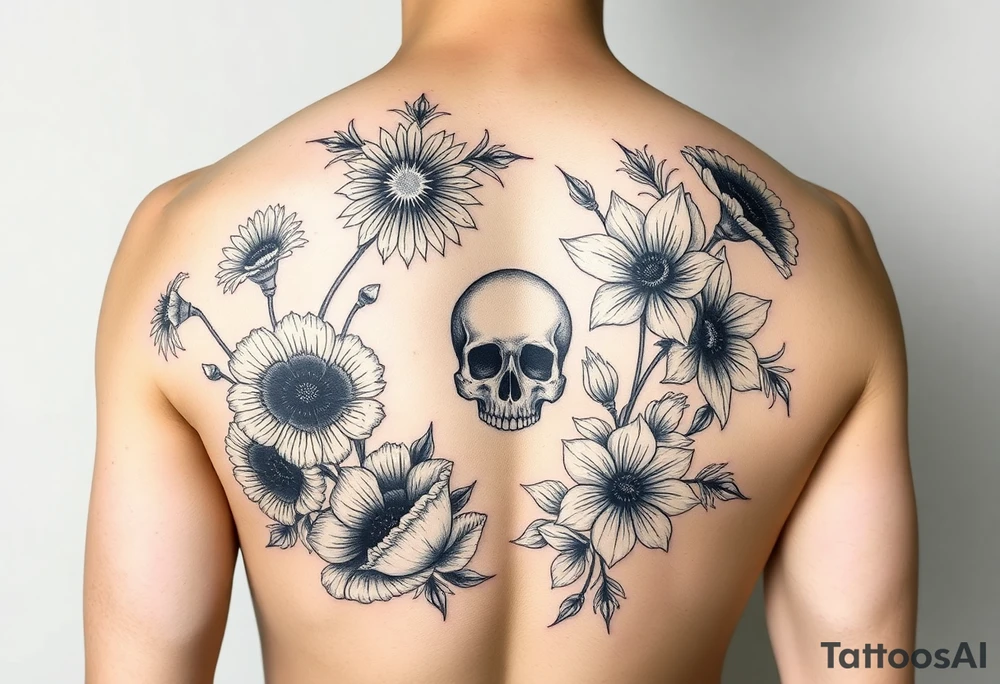 Half sleeve of Dark feminine florals with daisies, poppies, white narcissus, sweet peas, gladiolus with a feminine skull tattoo idea